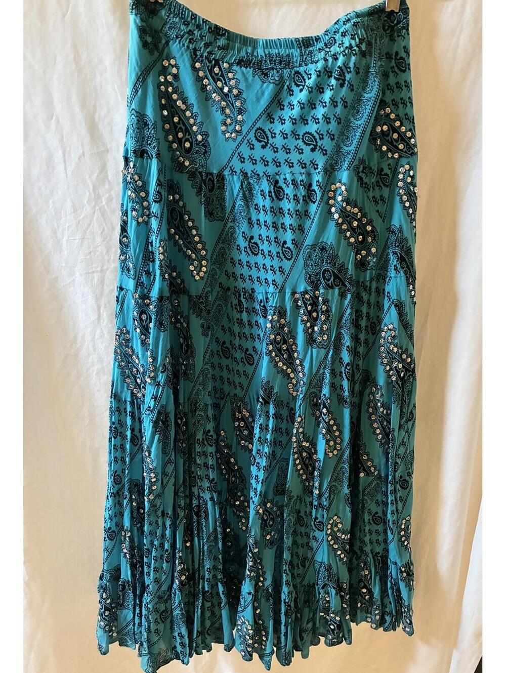 Vintage Silver Stream Maxi Skirt Womens One Size Teal Boho Festival Whimsy Beach